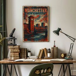 Manchester Clock Tower River Scene Vintage Nostalgic Poster