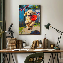Golden Retriever Puppy Running With Red Frisbee Poster