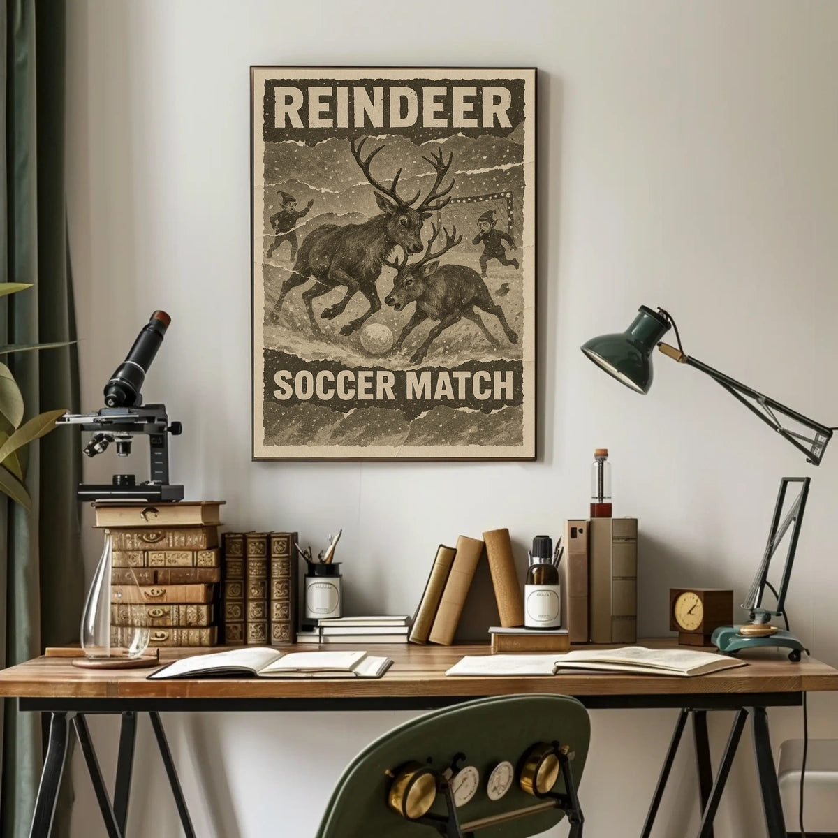 Reindeer Soccer Match Vintage Holiday Poster Print