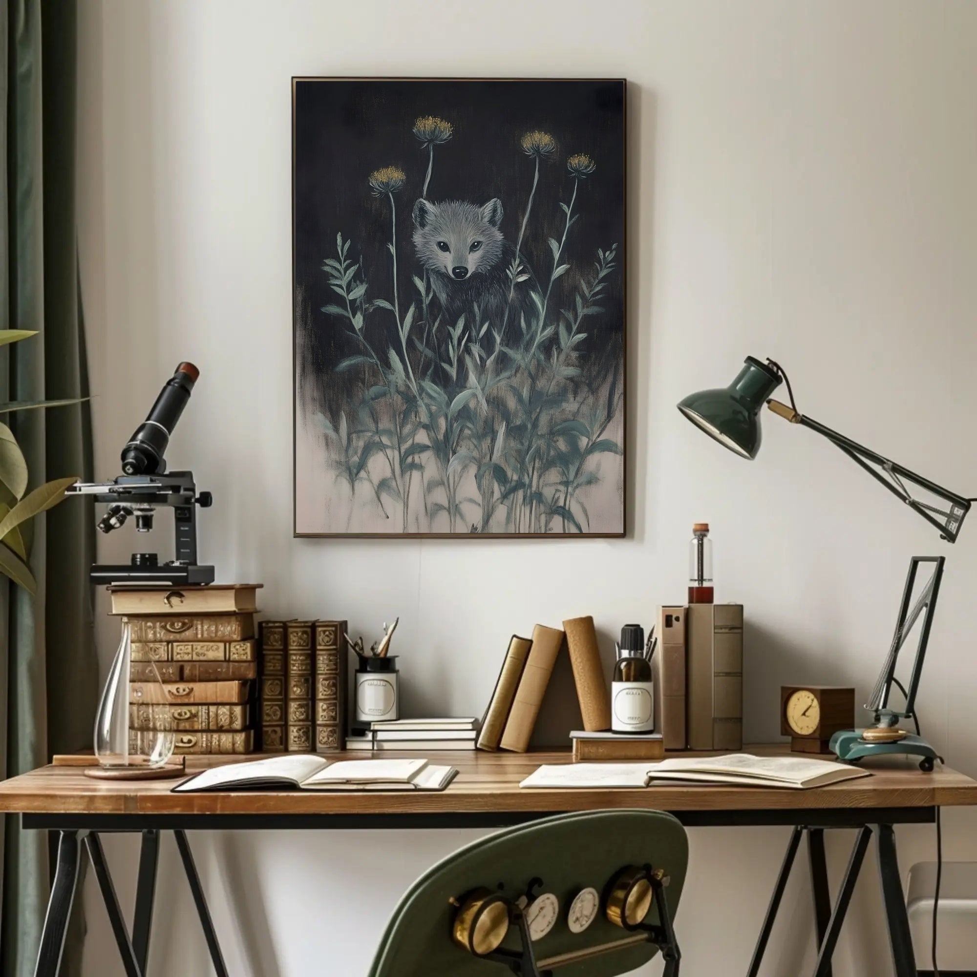 Mystical Abstract Wolf Amidst Wildflowers Artistic Poster PosterGoat