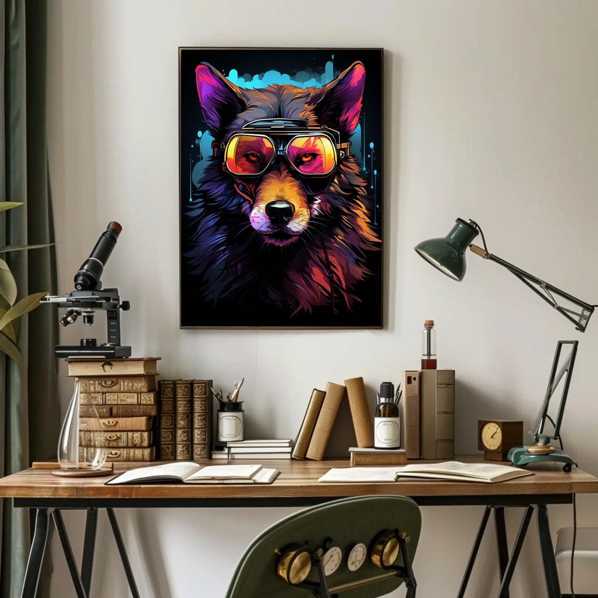 Wolf with Reflective Goggles: Futuristic Sci-Fi Poster