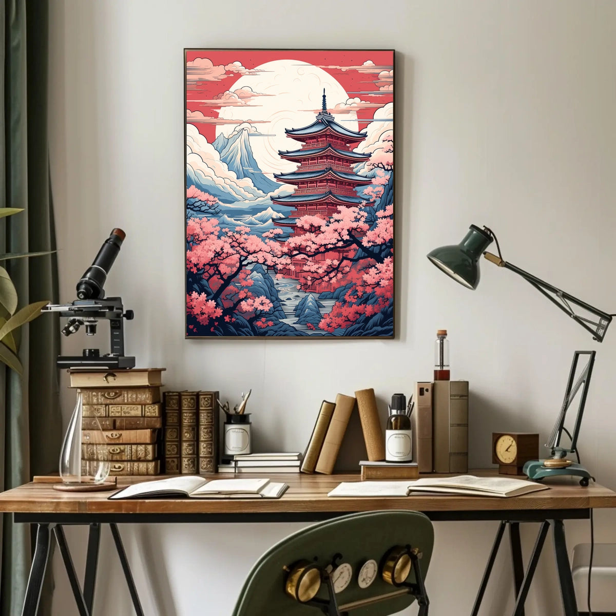 Traditional Japanese Pagoda in Serene Landscape Cultural Poster