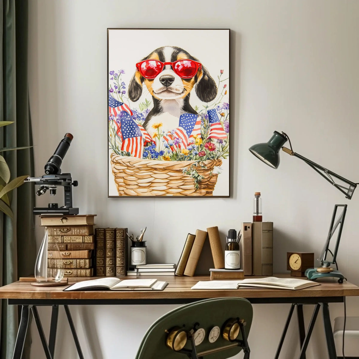 Beagle Puppy With Red Sunglasses In Floral Basket Poster