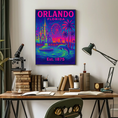 Orlando Florida Castle Ferris Dolphin Neon Travel Poster