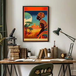 Radiant Earth: Woman in Traditional Attire with Moonlit Landscape Poster