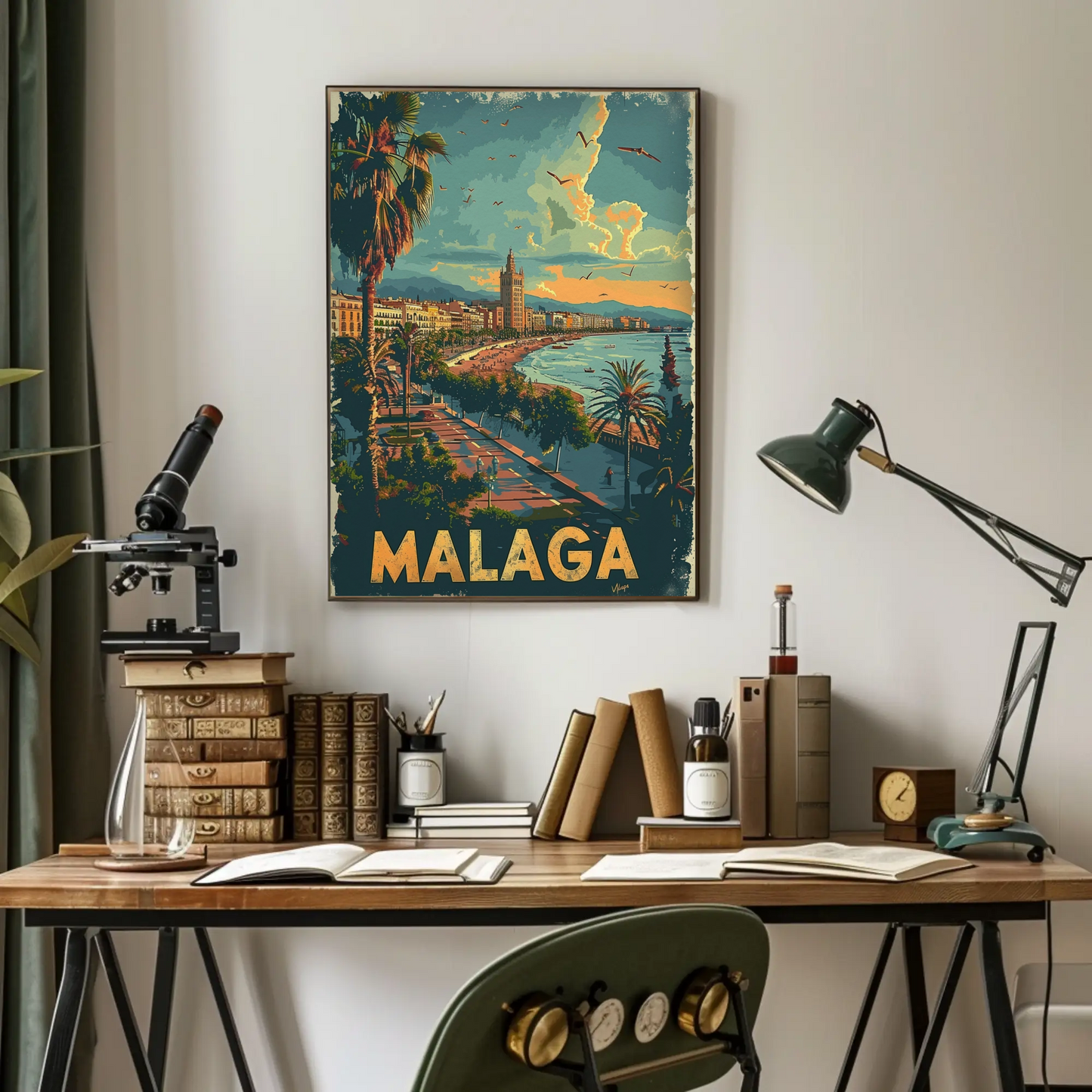 Malaga Sunset Beach Promenade Travel Poster