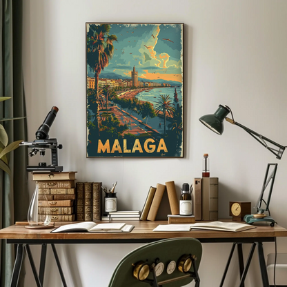 Malaga Sunset Beach Promenade Travel Poster