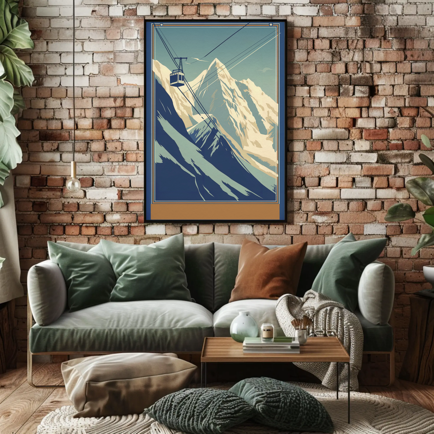 Retro Tram Over Snowy Mountainside Vintage Travel Poster