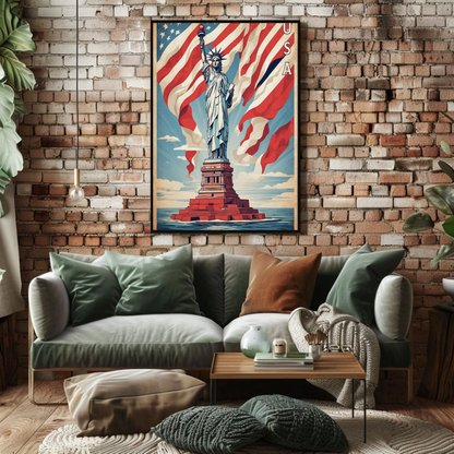 Liberty Statue American Flag Waves Vintage Travel Poster