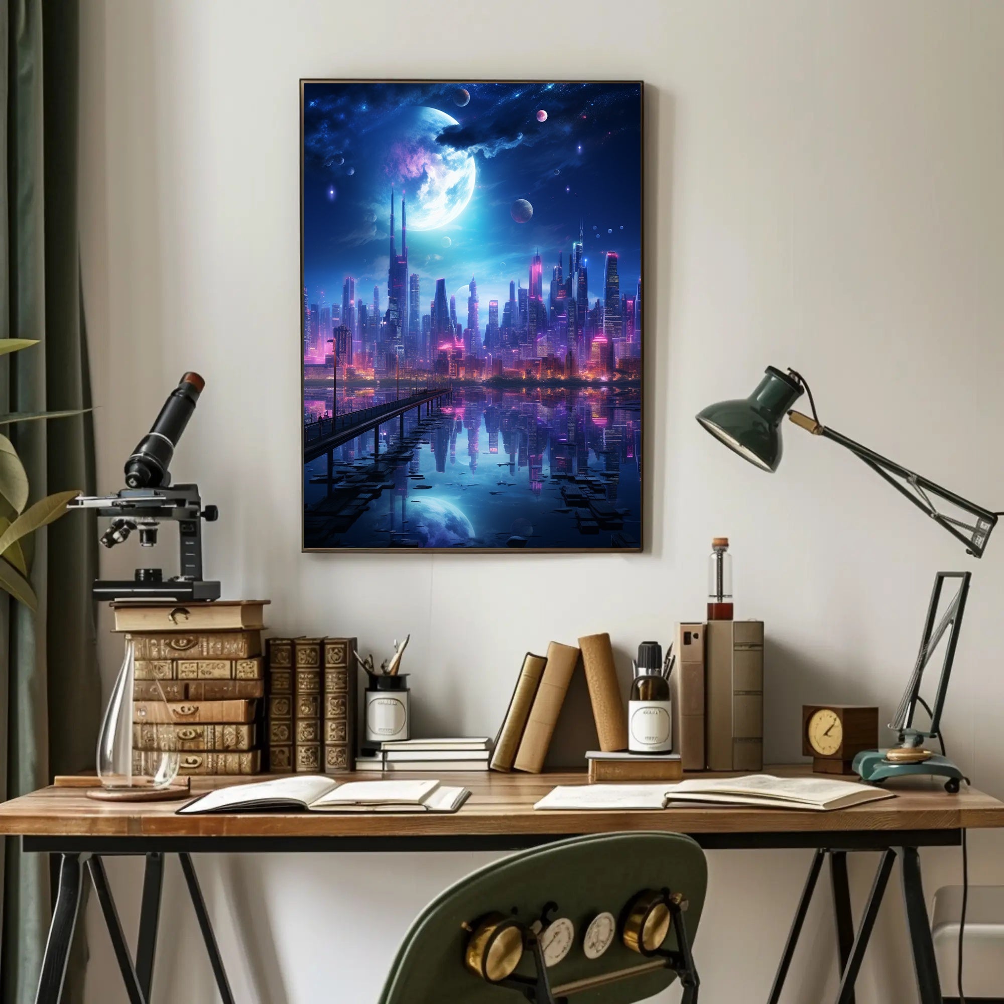 Neon Cityscape Under A Cosmic Sky Poster