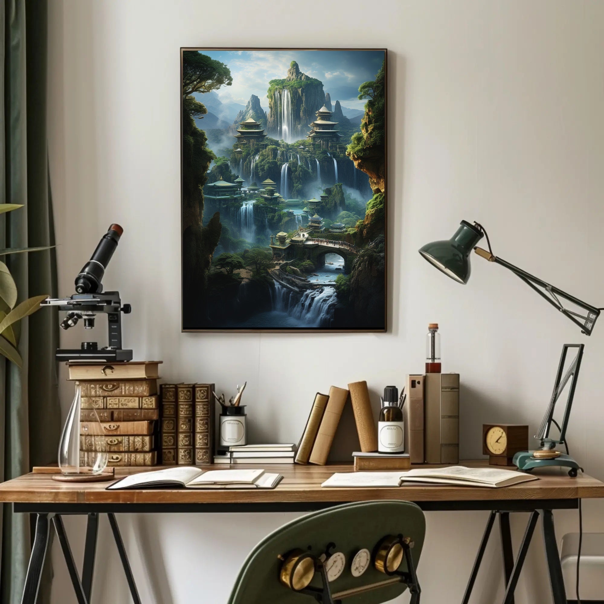 Fantasy Landscape with Pagodas and Waterfalls – Artistic Poster