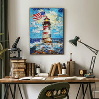 Lighthouse By The Ocean With American Flags Poster
