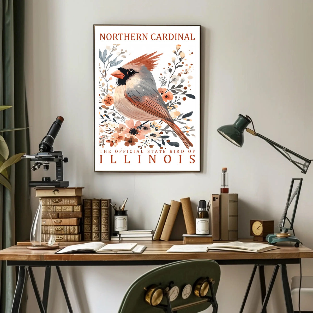 Northern Cardinal Nature Art Poster with Watercolor Effect