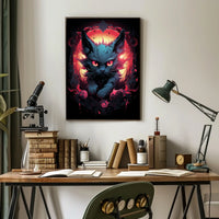The poster features a striking, surreal illustration of a cat with intense, glowing Travel Poster