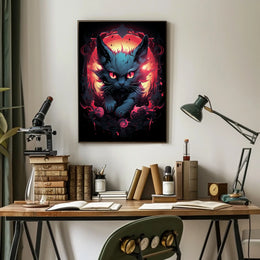 The poster features a striking, surreal illustration of a cat with intense, glowing Travel Poster