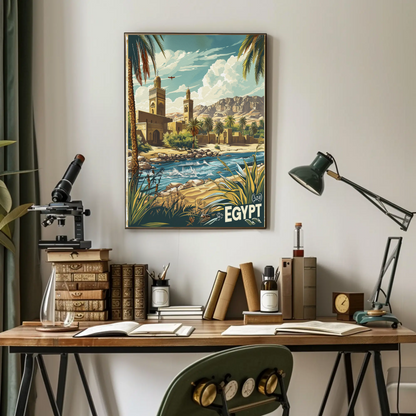 Egypt Desert Mosque and River Travel Poster