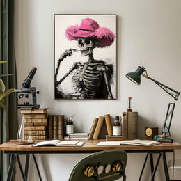 Skeleton in Pink Hat Macabre Whimsical Painterly Poster