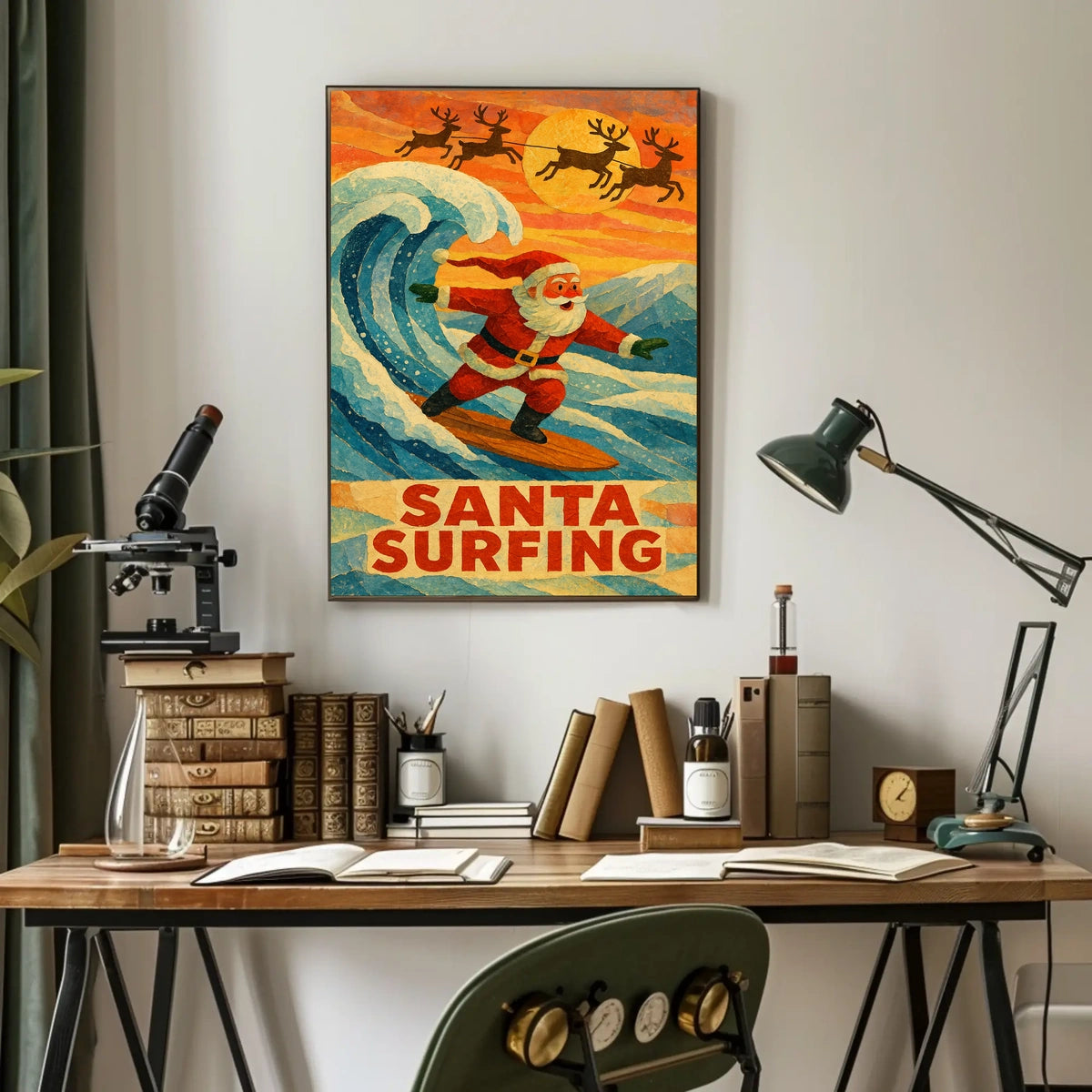 Santa Surfing Vintage Holiday Beach Art Poster