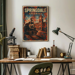 Vintage Locomotive Nostalgic Railroad Art Steampunk Retro Inspired Clock Tower Illustration Rail Enthusiasts Poster