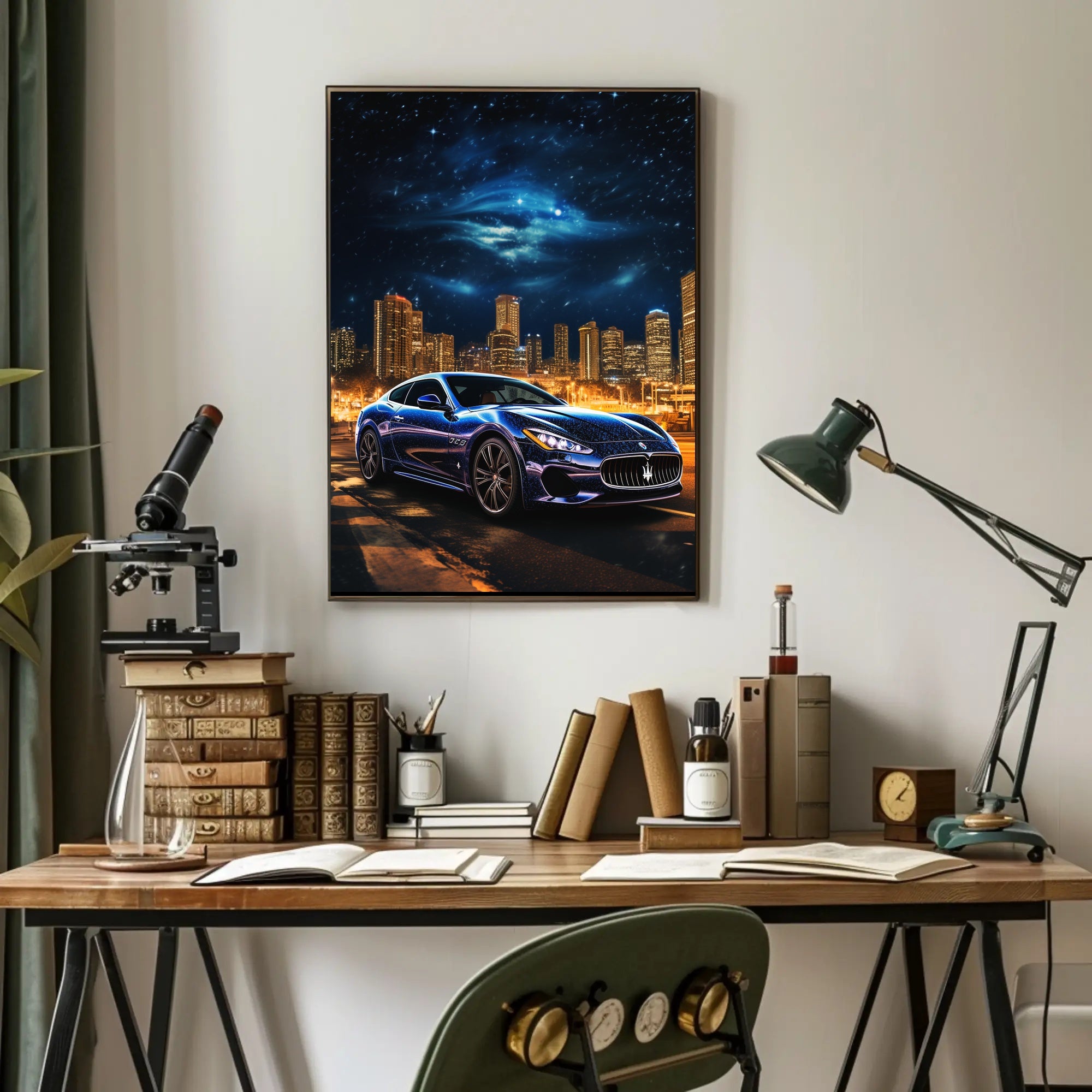 Luxury Maserati in Urban Skyline Futuristic Sci-Fi Poster