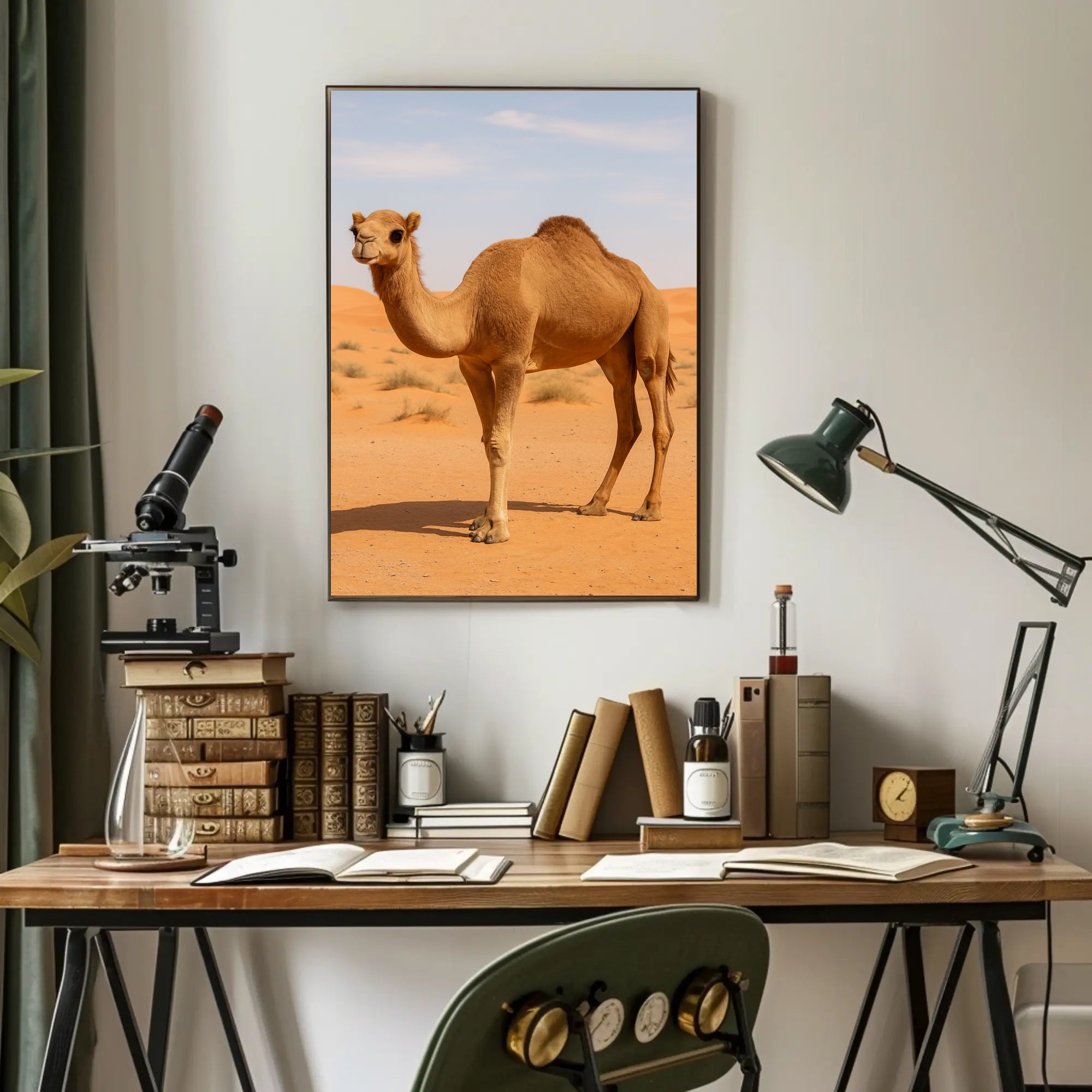 Serene Camel in Tranquil Desert Landscape Animal Poster