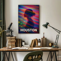 Vibrant Silhouette Houston Night City Neon Skyline Pop Art Digital Painting Urban Poster