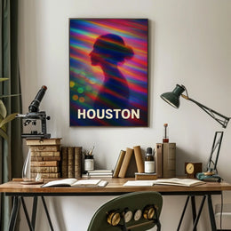 Vibrant Silhouette Houston Night City Neon Skyline Pop Art Digital Painting Urban Poster