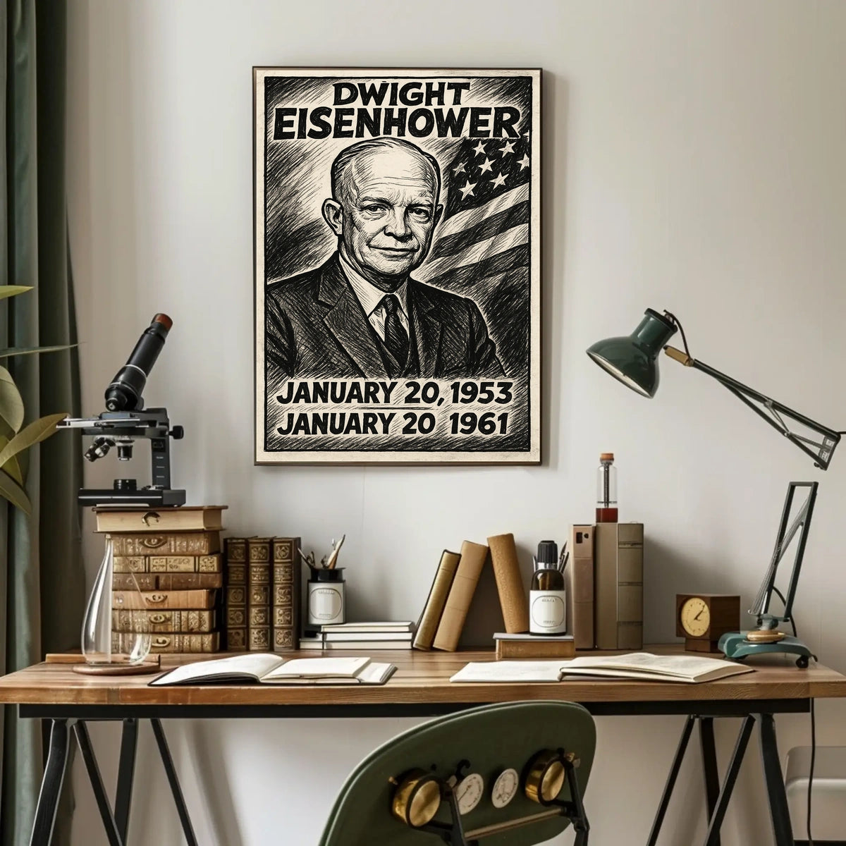 Dwight D. Eisenhower 34th President of the United States B & W Comic Sketch Poster