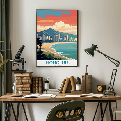 Honolulu Hawaii Sunset Skyline Modern Minimal Travel Poster