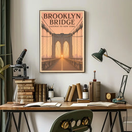 Brooklyn Bridge Sunrise Poster Vintage Travel Wall Art