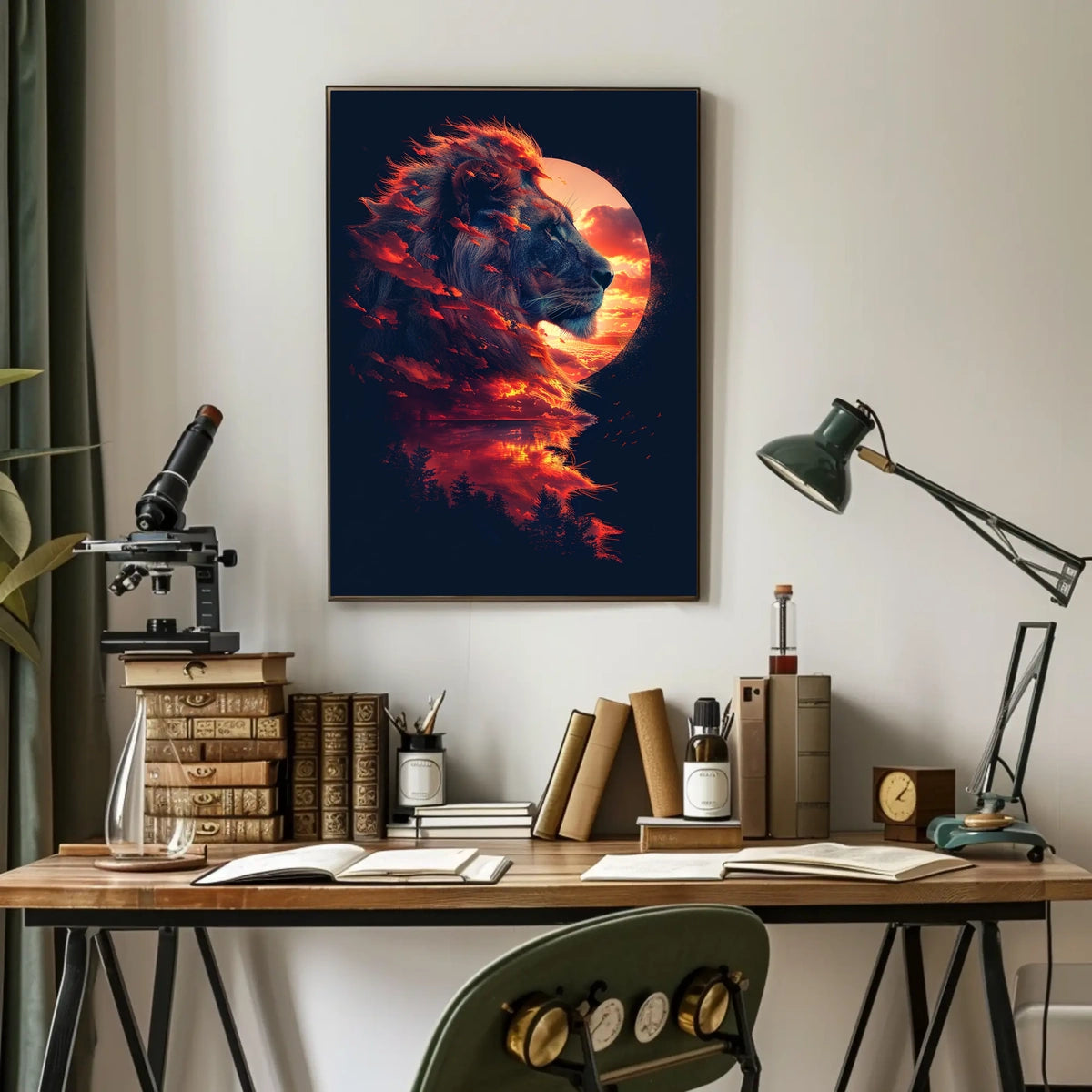Majestic Lion Sunset Surrealism Art Poster