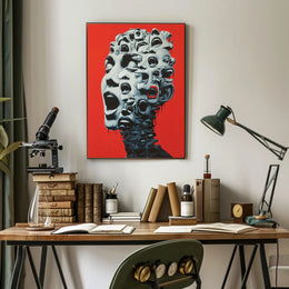 Surreal Faces Collage Poster: Red Background Art PosterGoat