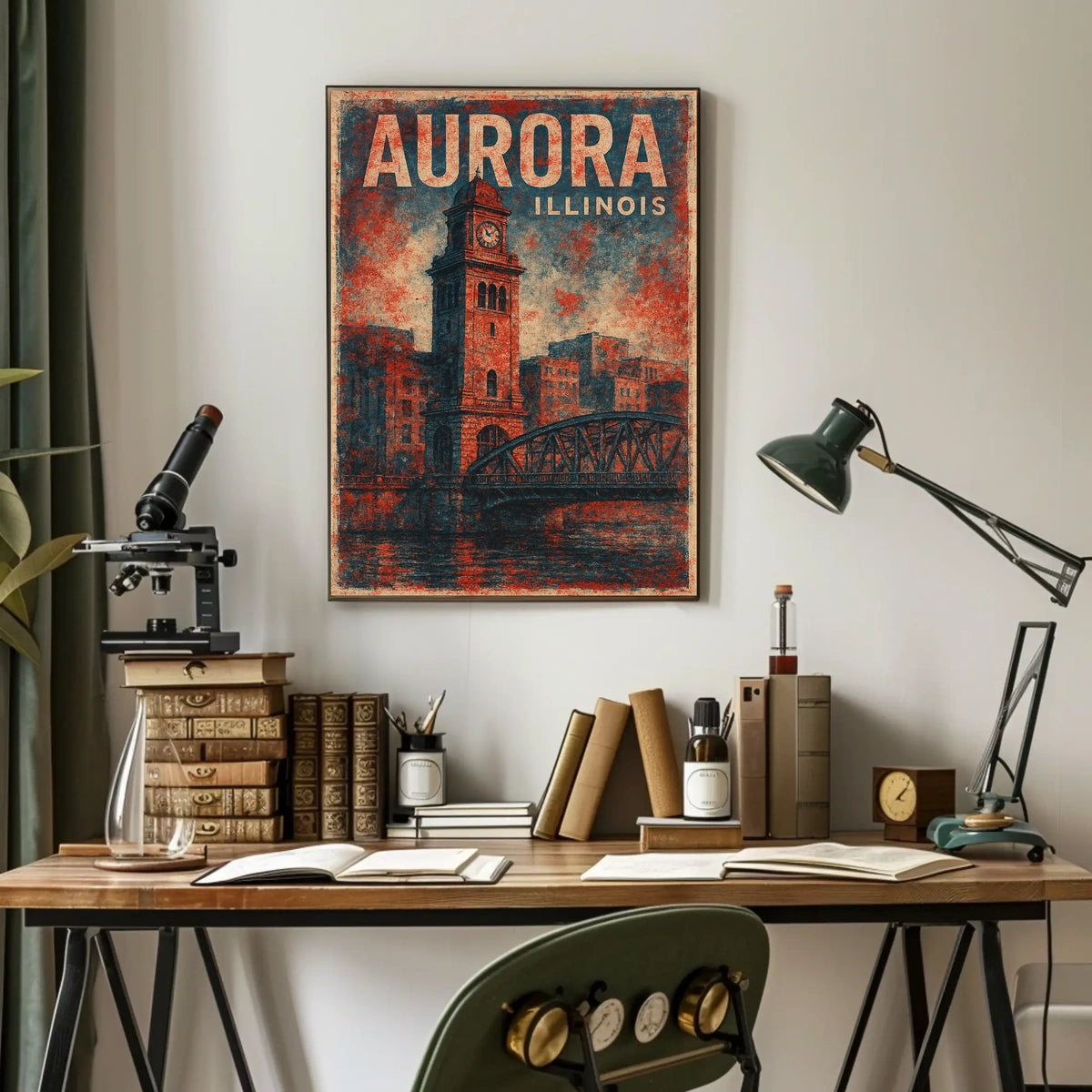 Aurora Illinois Cityscape Vintage Art Deco Skyline Heritage Wall Art Timeless Midwest Travelers Urban Vistas Poster