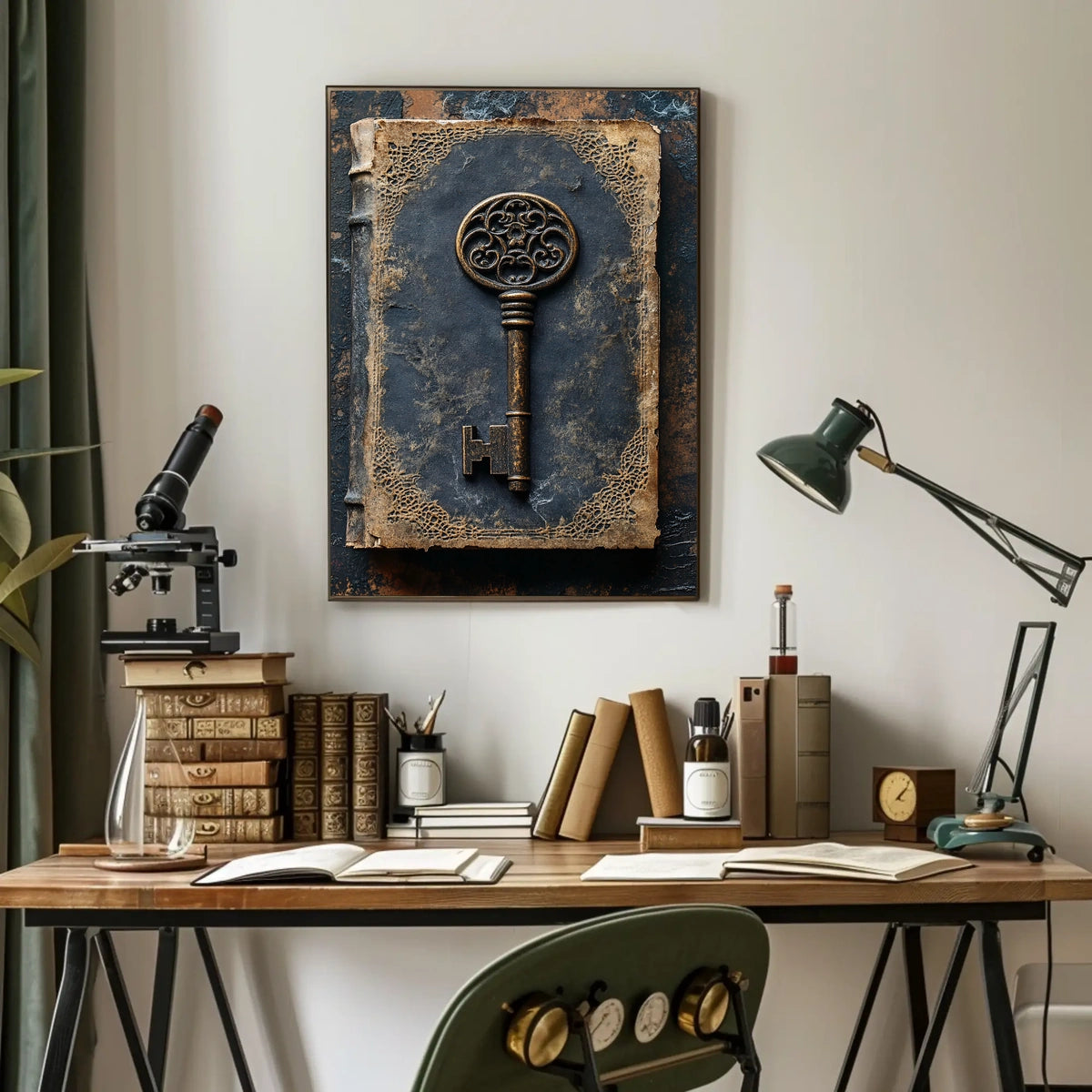 Antique Ornate Key on Aged Book Cultural Heritage Poster
