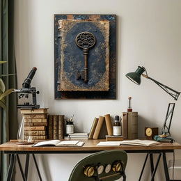 Antique Ornate Key on Aged Book Cultural Heritage Poster