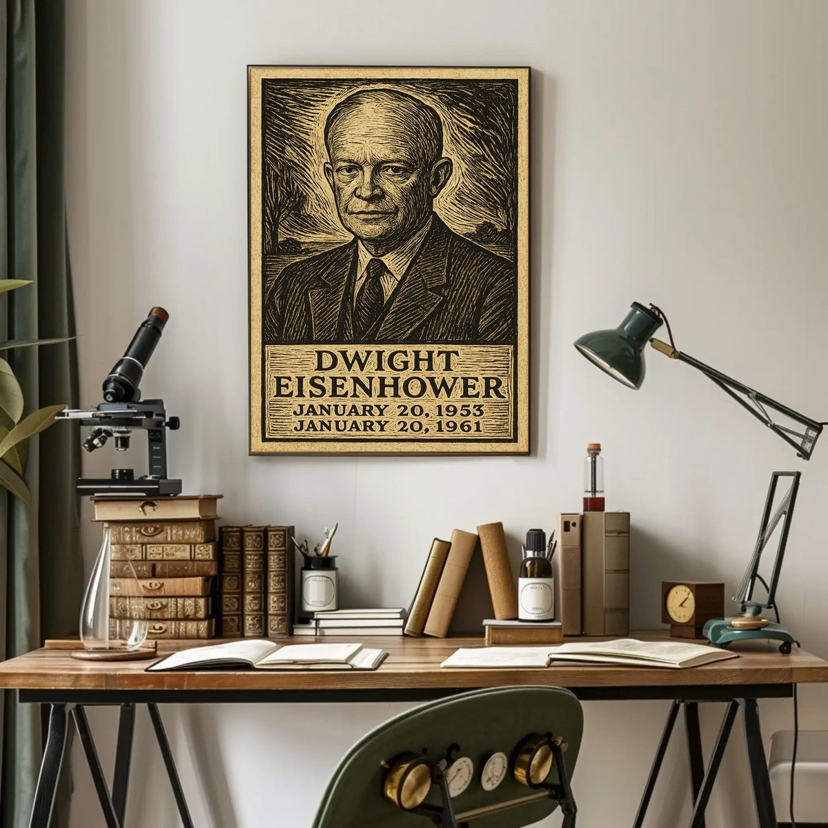 Eisenhower Portrait Midcentury Woodcut Patriotic Poster