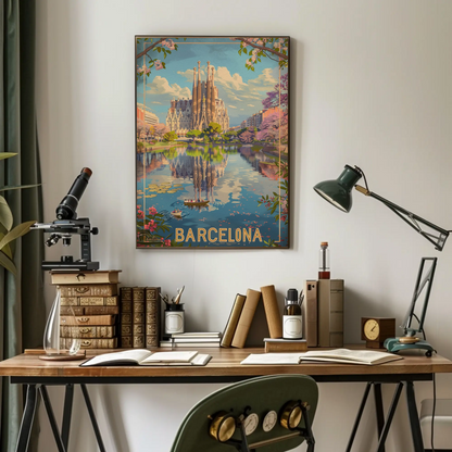 Barcelona Sagrada Familia Reflection Spring Travel Poster