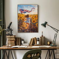 Child Running Through Sunflower Field At Golden Hour Poster