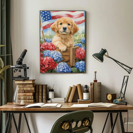 Beautiful Golden Retriever Puppy In A Wooden Wagon Poster