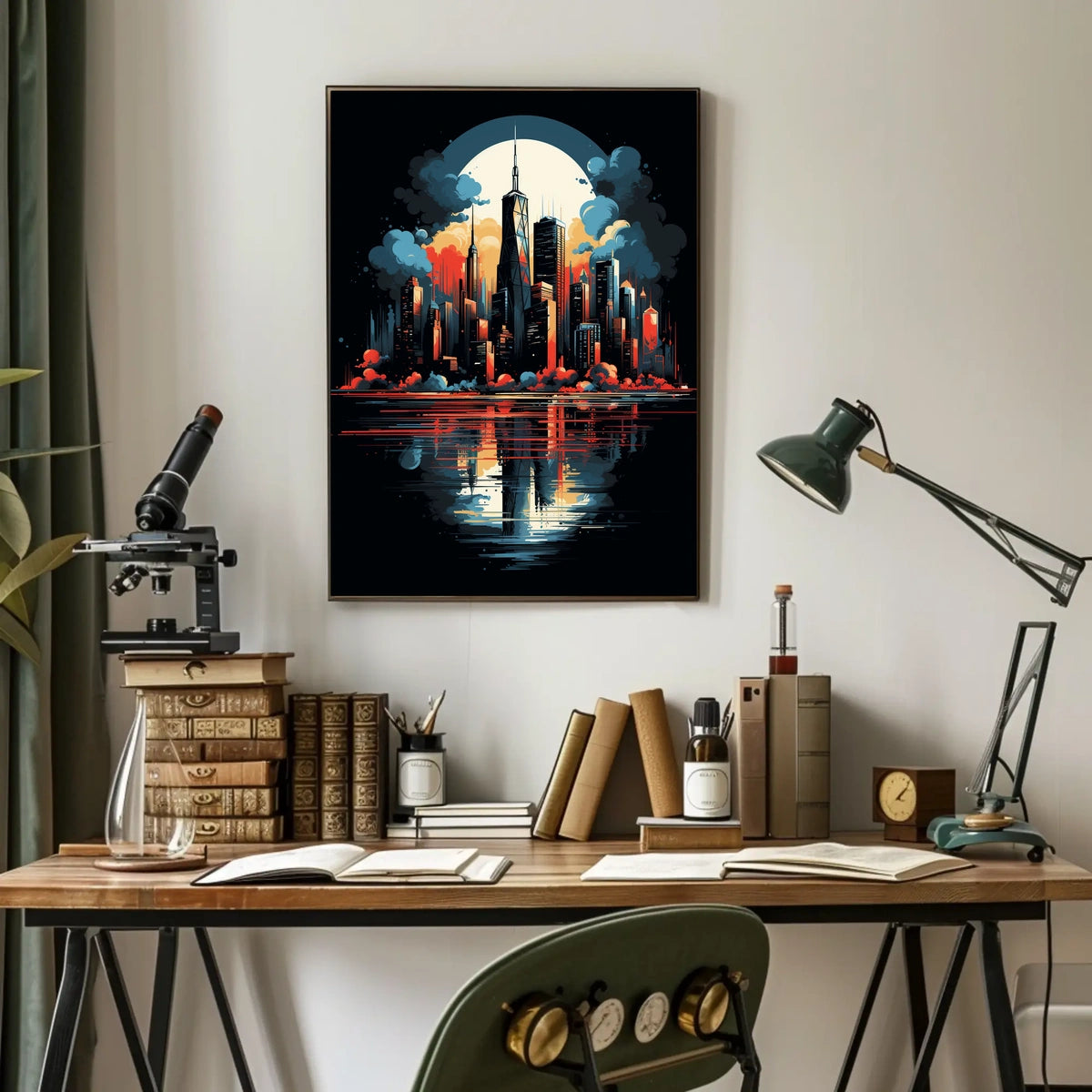 Futuristic Cityscape Moonlit Skyline Art Poster