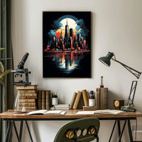 Futuristic Cityscape Moonlit Skyline Art Poster
