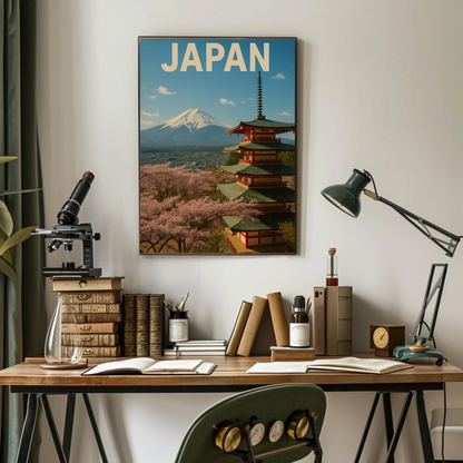 Japan Mount Fuji Pagoda Sakura Vintage Travel Poster