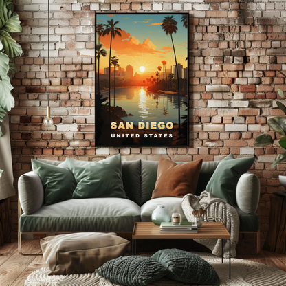 San Diego California Coastline Sunset Palms Vintage Travel Poster