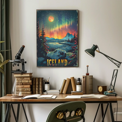 Iceland Aurora Borealis Winter Scene Travel Poster