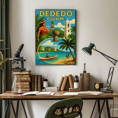 Dededo Guam Island Culture Mountains Canoe Travel Poster