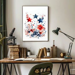 Three Stars Surrounded By Loose Red And Blue Florals Poster