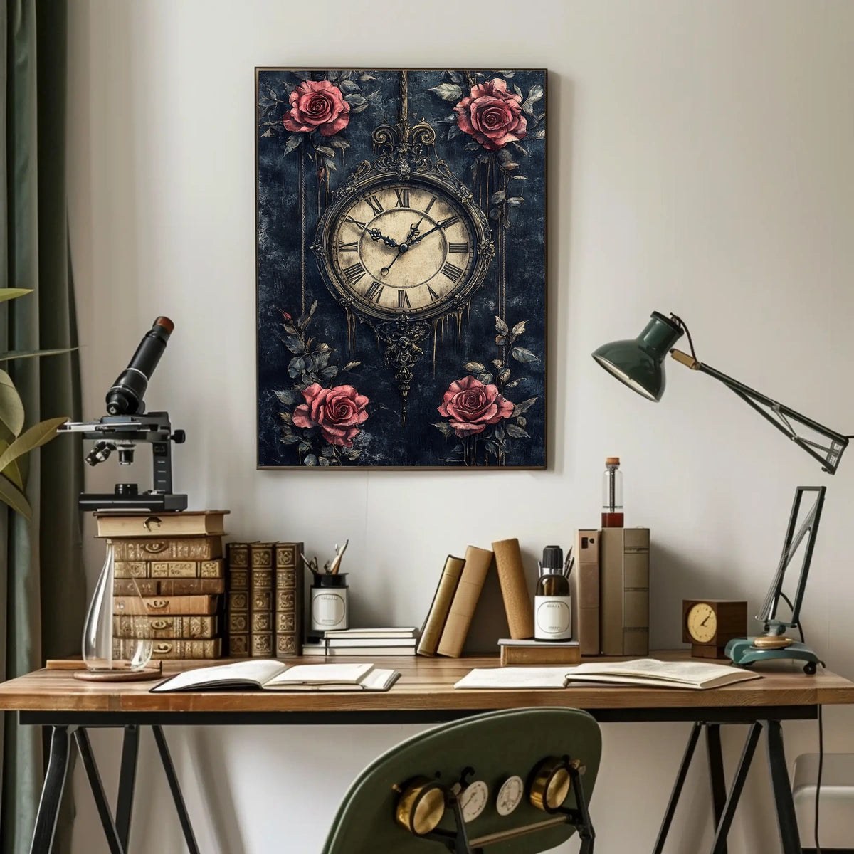 Vintage Clock and Roses Artistic Wall Art Poster