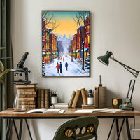 Charming Winter Street Scene in Urban Cityscape Poster