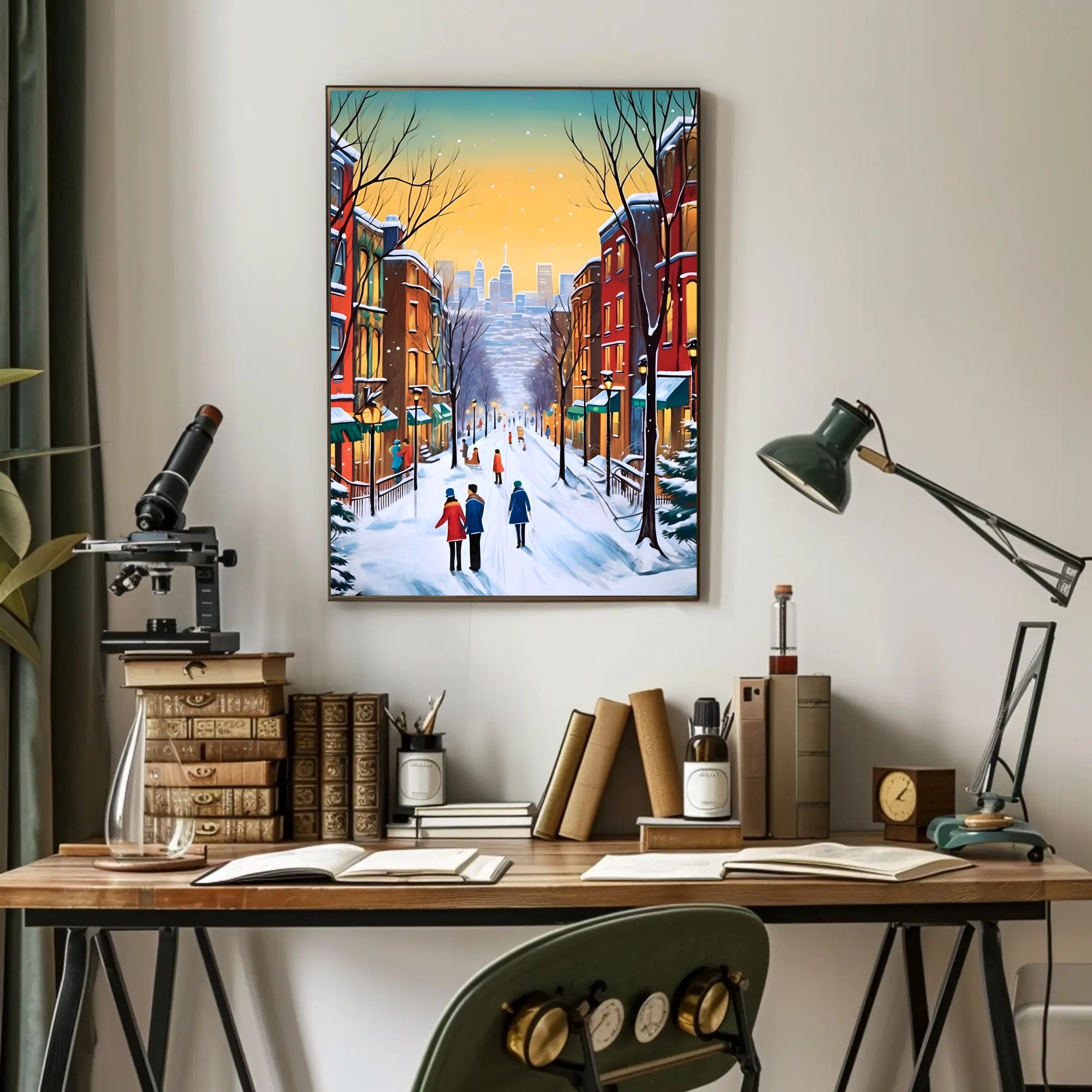 Charming Winter Street Scene in Urban Cityscape Poster