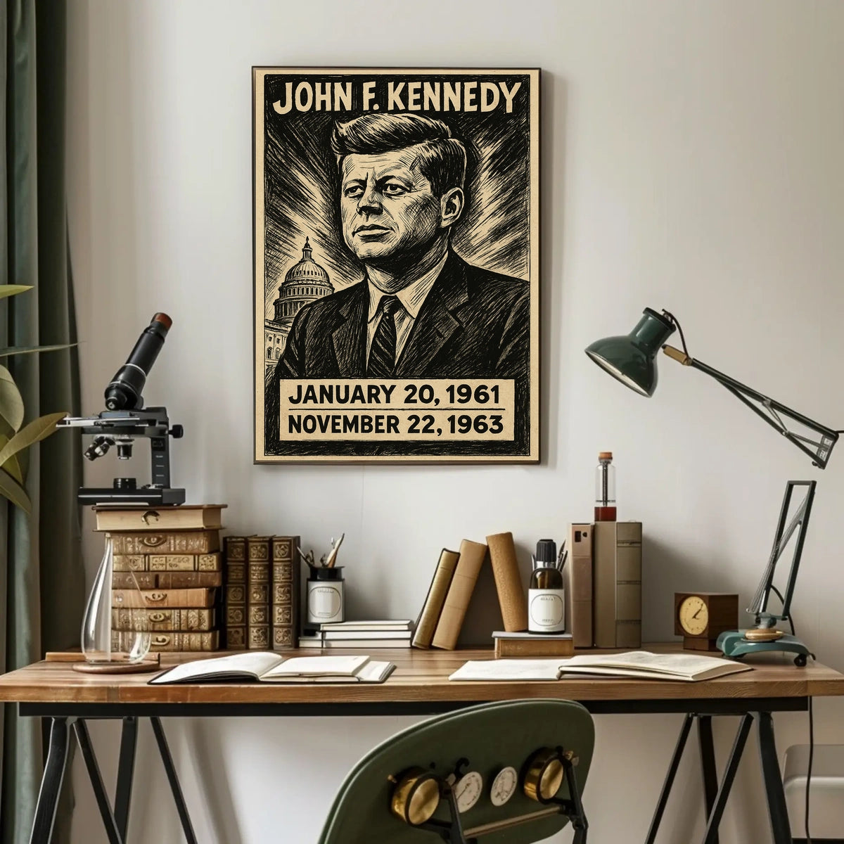 John F. Kennedy 35th President of the United States B & W Comic Sketch Poster